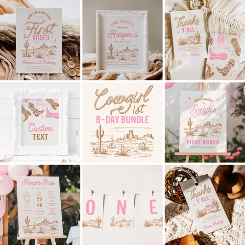 Cowgirl First Birthday Bundle, First Rodeo Birthday Bundle, Pink First Rodeo Birthday Bundle, Cowgirl Party Package, Girl's Western Party