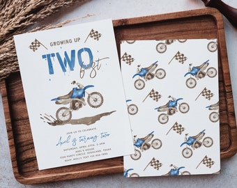 Two Fast Dirt Bike Invitation, Motocross Party Invitation, Watercolor Blue Dirt Bike Invitation, Digital Dirt Bike Birthday Invitation