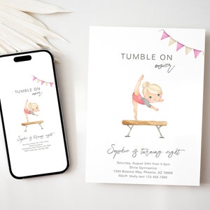 Puede incluir: Una invitaci&oacute;n rosa y blanca para una fiesta de cumplea&ntilde;os de una ni&ntilde;a. La invitaci&oacute;n presenta a una ni&ntilde;a de dibujos animados haciendo un salto mortal hacia atr&aacute;s en una viga de equilibrio. El texto dice "Tumble On Over" y "Sophie cumple ocho a&ntilde;os".