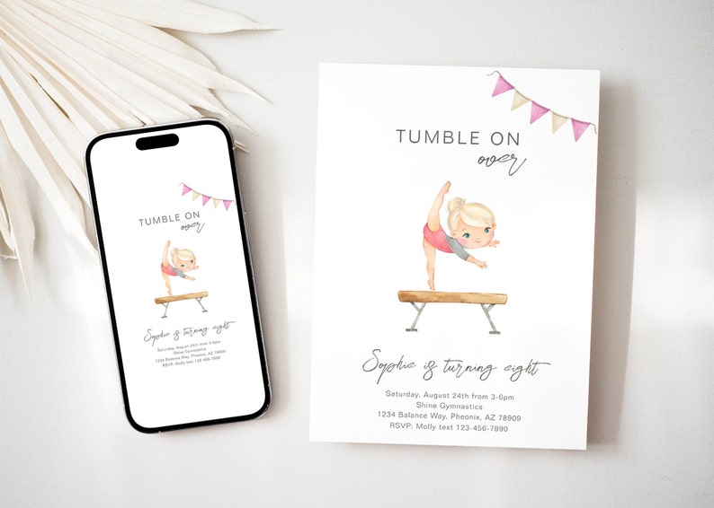 Puede incluir: Una invitaci&oacute;n rosa y blanca para una fiesta de cumplea&ntilde;os de una ni&ntilde;a. La invitaci&oacute;n presenta a una ni&ntilde;a de dibujos animados haciendo un salto mortal hacia atr&aacute;s en una viga de equilibrio. El texto dice "Tumble On Over" y "Sophie cumple ocho a&ntilde;os".