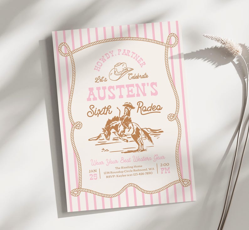Pink Rodeo Birthday Invitation | Cowgirl Party Invite | Western Birthday | Editable Template | Rope Horse Invitations image 4