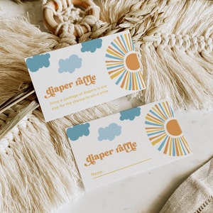 Hier komt de zonluier loterijkaarten, Boho Sun baby shower invoegsel, hier komt de zoon luier loterij, digitale zonluier loterij invoegen