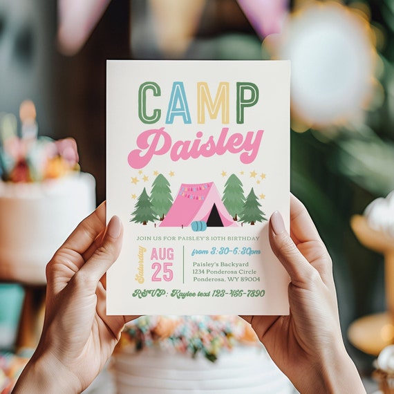 Girl's Camping Birthday Invitation, Girl's Campout Invitation, Glamping Birthday Invitation, Digital Camping Birthday Invitation, Summer