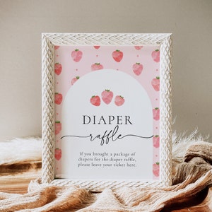 Digitales 8x10 Berry Windel-Raffle-Schild, Erdbeer-Windel-Raffle, Berry Sweet Baby Shower Schild, bearbeitbares Erdbeer-Schild, Berry Sweet Diaper