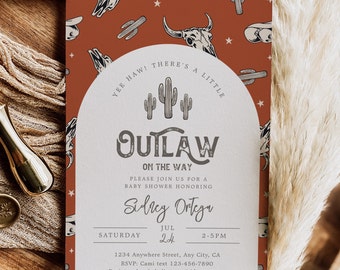 May include: A rustic baby shower invitation with a red and white color scheme. The invitation features a cactus and the text "Yee Haw! There's a Little Outlaw on the Way". The invitation also includes the name "Sidney Ortega", the date "July 24", and the time "2-5 PM".