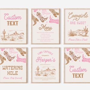 May include: Six framed prints with a western theme. Each print features a desert landscape, cowboy boots, and text in pink and brown. The text includes phrases like "Custom Text," "Menu," and "Cowgirls Are Sweet."