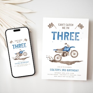 Faire-part pour 3e anniversaire de moto tout-terrain, invitation à m'attraper, j'ai trois ans, fête de moto tout-terrain pour garçon, invitation bleu de moto tout-terrain, moto tout-terrain numérique