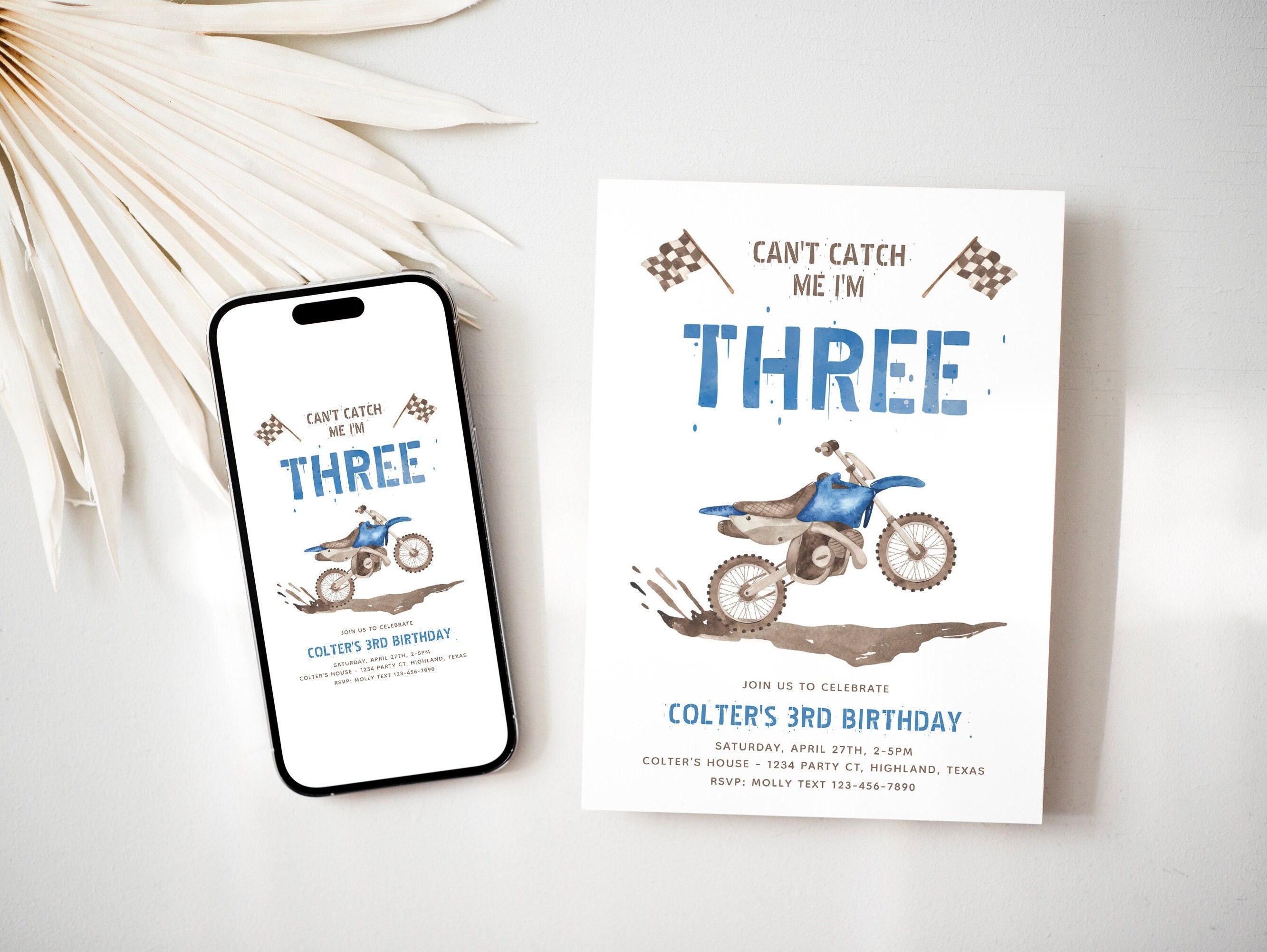 Dirt Bike 3rd Birthday Invitation, Can't Catch Me I'm Three Invitation, Boy's Dirt Bike Party, Blue Dirt Bike Invitation, Digital Dirt Bike