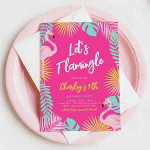 May include: A bright pink invitation with the text "Let's Flamingle" and "Charley's 9th Birthday Party." The invitation features flamingo illustrations and tropical foliage. It is placed on a pink plate with a white envelope.