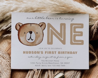 Bearly One Birthday Invitation, Digital Bear Birthday Invitation, Bear First Birthday Party Invitation, Bear Birthday Invite, Beary First