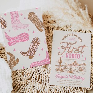 May include: A pink and brown invitation for a girl's first rodeo party. The invitation features a western-themed design with a cowboy boot pattern and the text "Saddle Up & Ride Over It's Our Girl's First Rodeo".