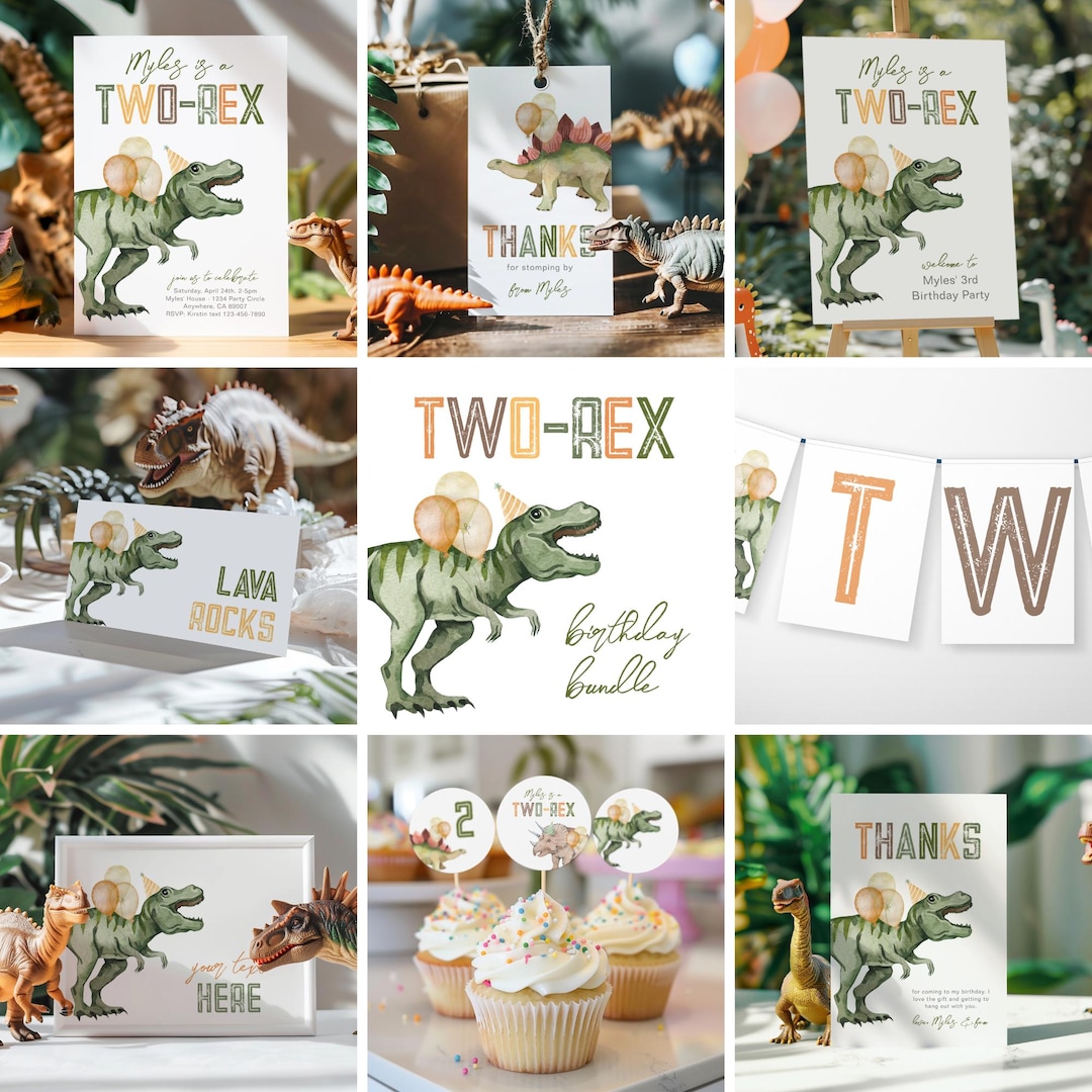 Two-rex Birthday Bundle, Dinosaur Birthday Bundle, Printable Dinosaur ...