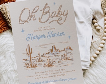 May include: A light brown baby shower invitation with a western theme. The invitation features a rope design that says "Oh Baby" in a cursive font. The text also includes the name "Harper Jensen" and details about the event, including the date, time, location, and RSVP information.