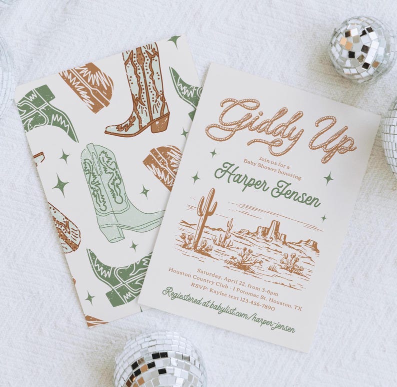 May include: Giddy Up Baby Shower invitation with a western theme. The invitation features a lasso design, a cactus, and a desert landscape. The text reads "Giddy Up" and "Join us for a Baby Shower honouring Harper Jensen".