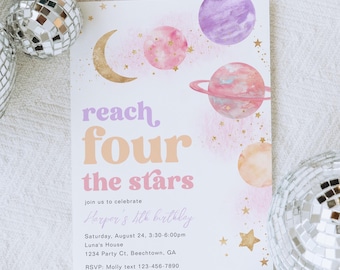 Reach Four the Stars Birthday Invitation, Girl's Reach Four the Stars Invite, Space 4th Birthday Invitation, Girl's Watercolor Space Party