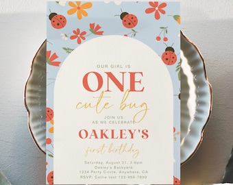 Girl's First Ladybug Invitation, Ladybug Birthday Invitation, One Cute Bug Invitation, Digital Bug Invitation, Digital Ladybug Invite