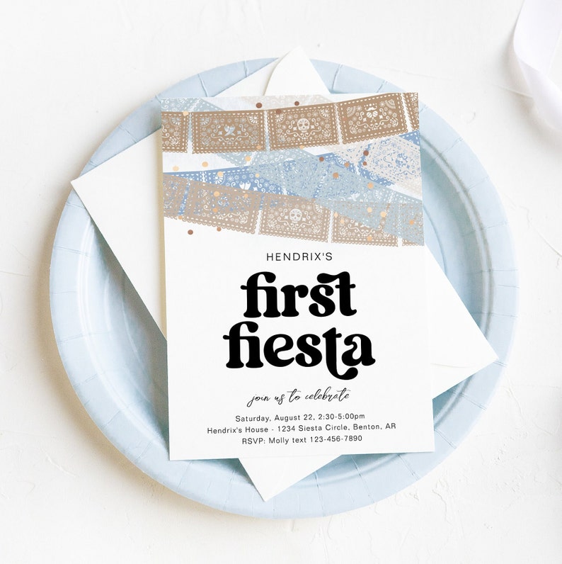Neutral First Fiesta Birthday Invitation, Blue First Fiesta Invitation ...