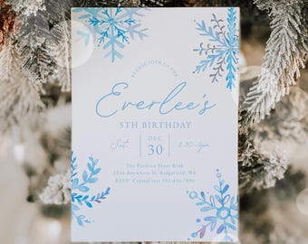 Winter Birthday Party Invitation, Girl's Snowflake Birthday Invitation, Blue Snow Birthday Invitations, Winter Party Invitations