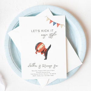 May include: A birthday invitation featuring a cartoon ninja illustration. The invitation reads "Let's Kick It Ninja Style" and "Hollen is turning six". The invitation includes the date, time, location, and RSVP details.