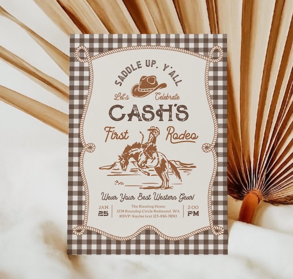 Brown Gingham Rodeo Invitation | Rope Cowboy Birthday Invite | Digital Western Party Invitations | Wild West