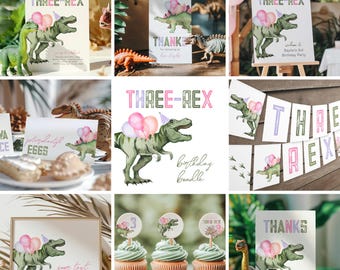 Puede incluir: Una colección de decoraciones para fiestas de cumpleaños con temática de dinosaurios. Los diseños presentan un T-Rex verde con globos rosas y un gorro de fiesta. El texto "THREE-REX" se muestra de forma destacada, junto con otro texto relacionado con la fiesta. Incluye invitaciones, pancartas y adornos para cupcakes.