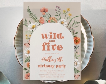 Wild and Five Birthday Invitation, Wild & Five Wildflower Party, Girl's 5th Birthday Invitation, Fifth Birthday, Wildflower Five Invitation
