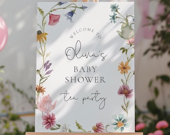 Floral Tea Party Shower Welcome Sign, Wildflower Tea Baby Shower, Wildflower Baby Shower Welcome, Tea Party Baby Shower Welcome Sign