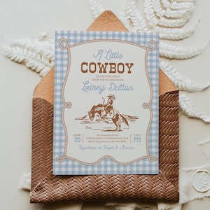 Inbjudan till babyshower med liten cowboy | Inbjudan till babyshower med western rodeo | Cowboy-tema med blått ginghammönster | Utskrivbar inbjudan bild 10