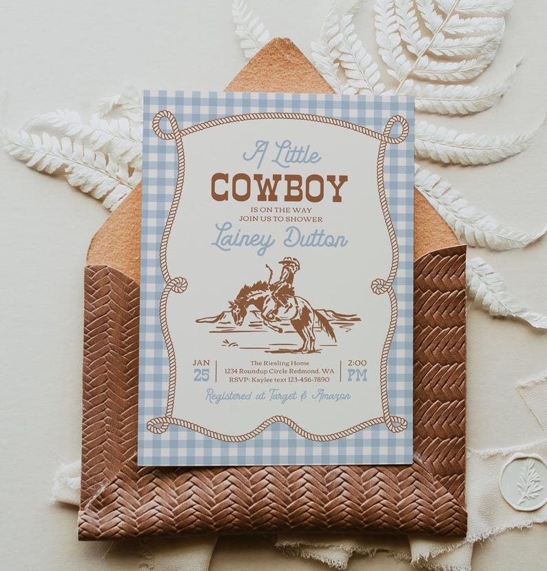Inbjudan till babyshower med liten cowboy | Inbjudan till babyshower med western rodeo | Cowboy-tema med blått ginghammönster | Utskrivbar inbjudan bild 10
