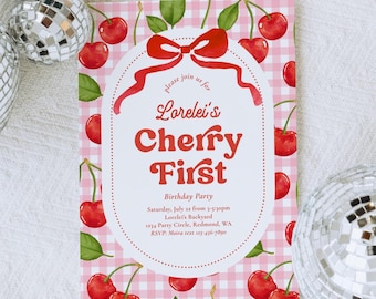 Cherry First Birthday Invitation, Retro Cherry Birthday Invitation, Cherry Gingham Birthday Invitation, Cherry on Top Invitation, Cherries