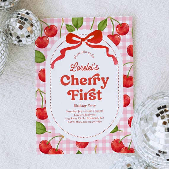 Cherry First Birthday Invitation, Retro Cherry Birthday Invitation, Cherry Gingham Birthday Invitation, Cherry on Top Invitation, Cherries