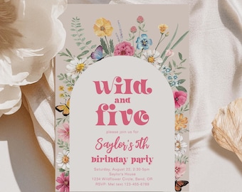 Wild and Five Birthday Invitation, Wild & Five Wildflower Party, Girl's 5th Birthday Invitation, Fifth Birthday, Wildflower Five Invitation