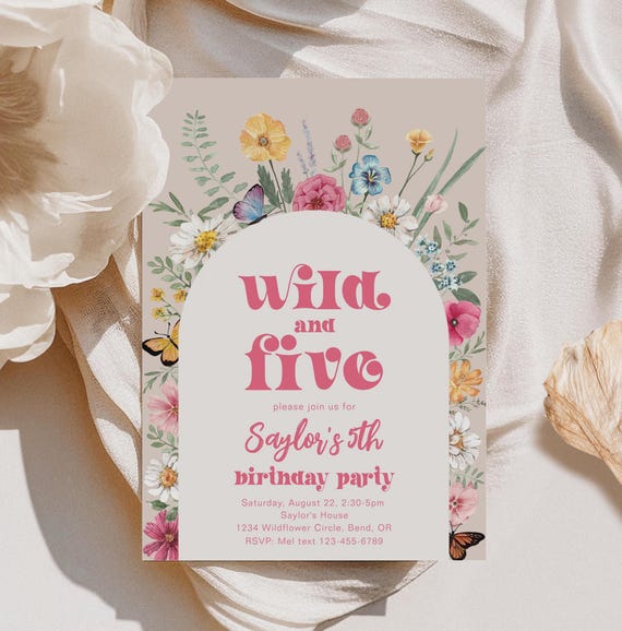 Wild and Five Birthday Invitation, Wild & Five Wildflower Party, Girl's 5th Birthday Invitation, Fifth Birthday, Wildflower Five Invitation