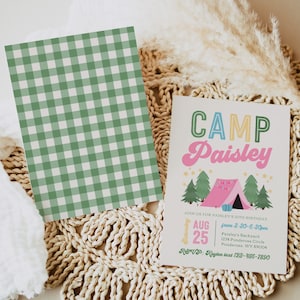 May include: A green and white gingham pattern card next to a party invitation. The invitation reads "CAMP Paisley" with a pink tent graphic and event details for a birthday party.