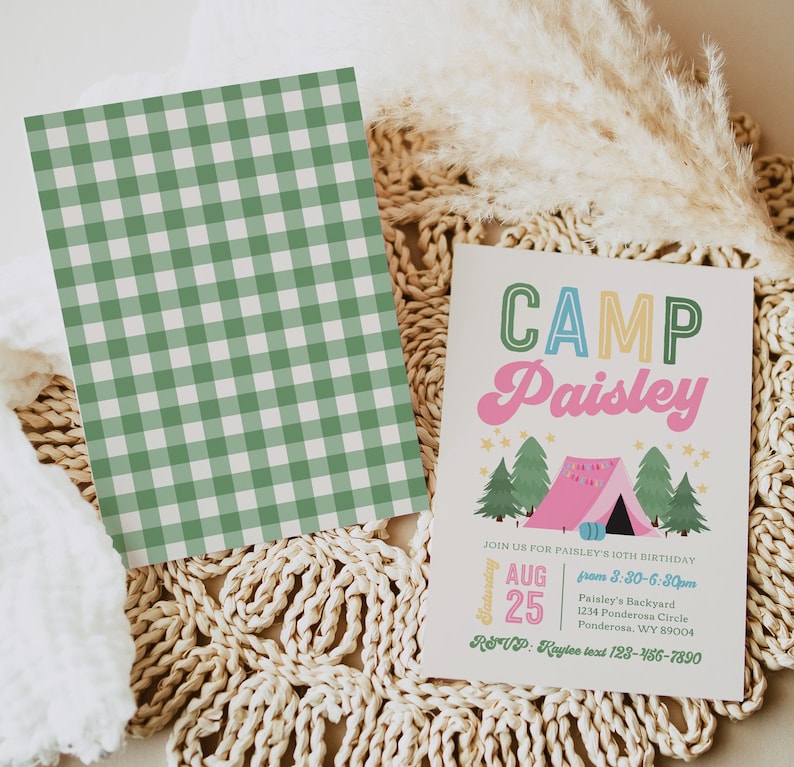 May include: A green and white gingham pattern card next to a party invitation. The invitation reads "CAMP Paisley" with a pink tent graphic and event details for a birthday party.