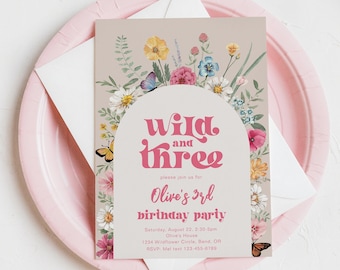 Wild and Three Wildflower Birthday Invitation, Wildflower Party Invitation, Digital Wild and Three Wildflower, Wildflower Invitations
