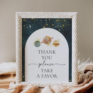 Letrero de agradecimiento espacial editable, letrero de obsequios para baby shower espacial, letrero espacial personalizado, letrero de obsequio espacial de acuarela, letrero de agradecimiento para fiesta espacial