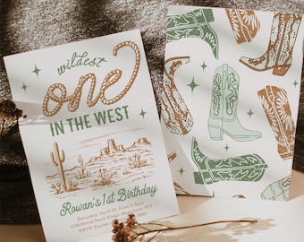 Green Wildest One in the West Invitation, Green Western First Birthday Invitation, Cowboy First Birthday Invitation, How the West Was One