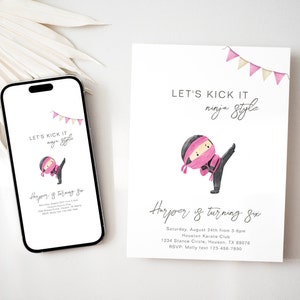 Pink Ninja Birthday Invitation, Ninja Party Invitation, Watercolor Ninja Invitation, Digital Ninja Party Invitation, Karate Birthday Invite