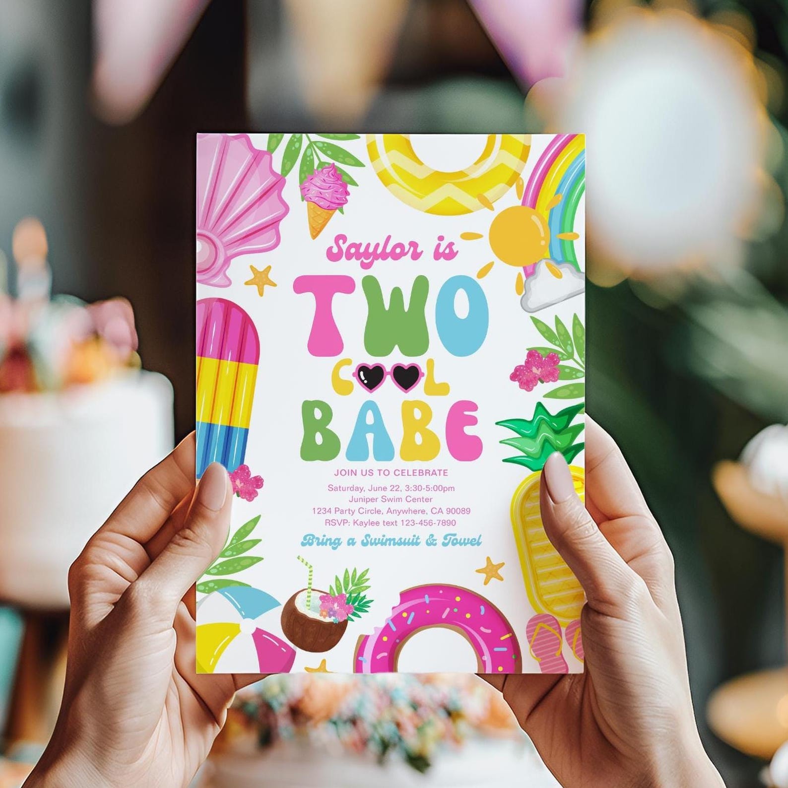 Invited Cool Two Cool Babe Pool Party Invitation, Girl's Summer 2nd Birthday, Pool ...