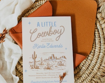 May include: A light blue and brown baby shower invitation with a western theme. The invitation reads "A Little Cowboy is on the way, join us to shower Karlie Edwards". The invitation also includes a drawing of a desert landscape with cacti and mountains.