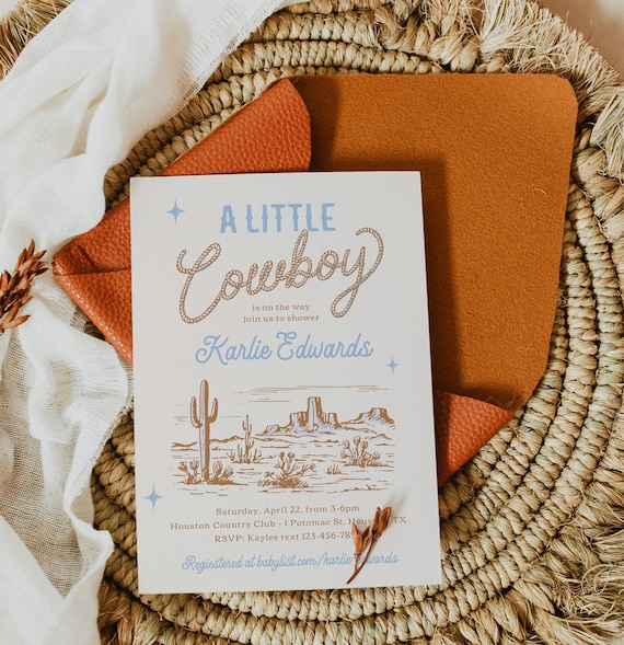 Digital Cowboy Baby Shower Invitation, Blue Western Baby Shower Invitation, A Little Cowboy Shower Invitation, Baby Boy Western Invitation