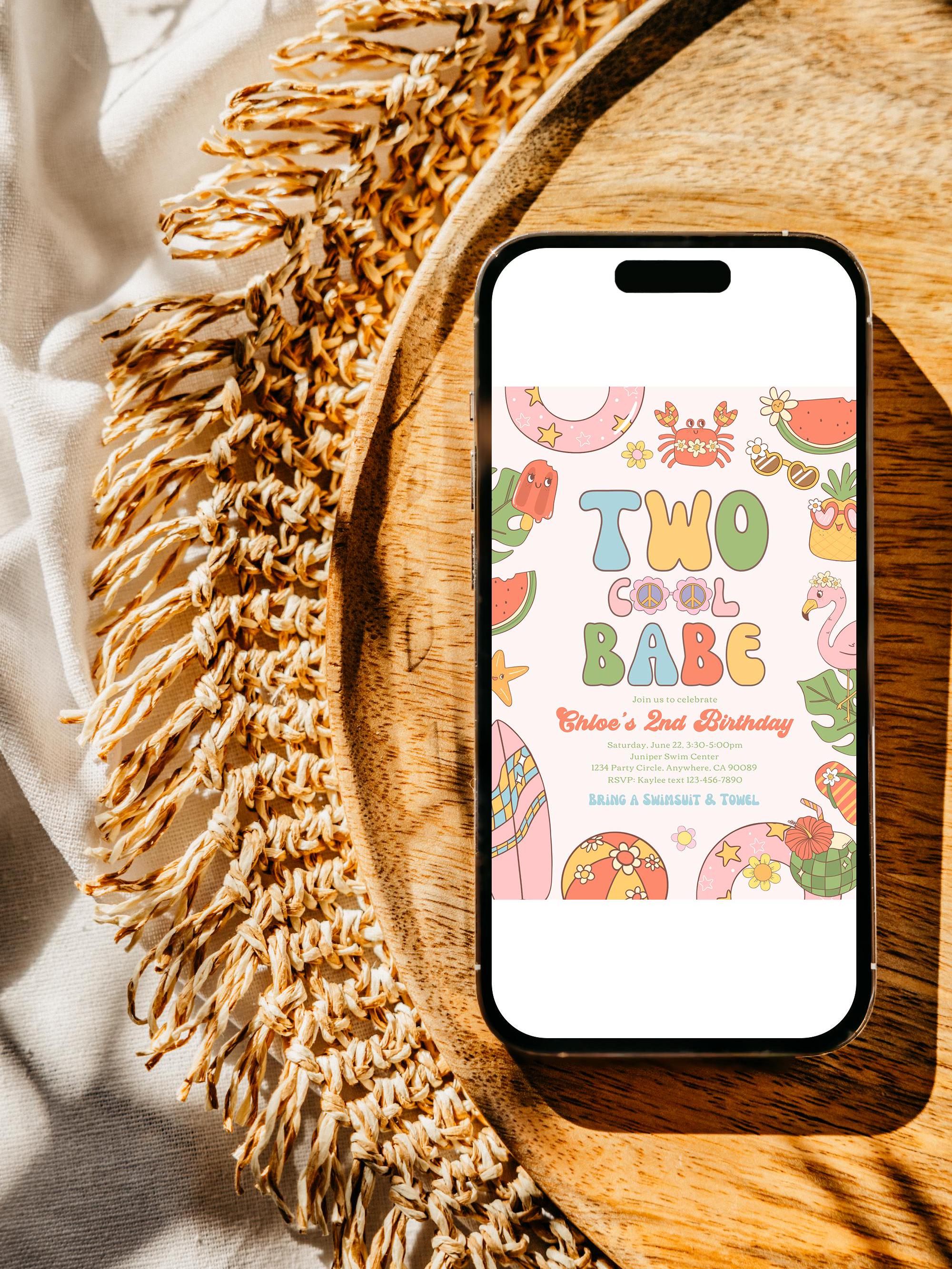 Invited Cool Retro Two Cool Babe Summer Invitation, Girl's Summer 2nd Birthday, Pool ...