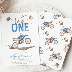 May include: A blue and brown motocross birthday party invitation with the text "Last One" and a watercolor illustration of a motocross rider. The invitation includes details for the party, including the date, time, location, and RSVP information.