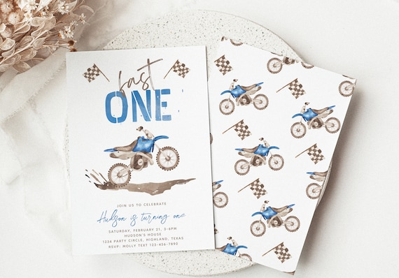 Fast One Dirt Bike Birthday Invitation, Blue Dirt Bike First Birthday Invitation, Boy's First Birthday Invitation, Digital Fast One Invite