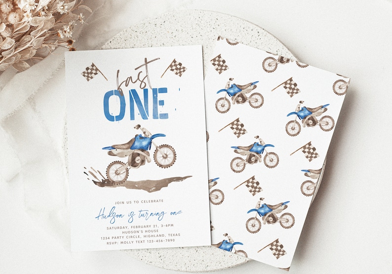May include: A blue and brown motocross birthday party invitation with the text "Last One" and a watercolor illustration of a motocross rider. The invitation includes details for the party, including the date, time, location, and RSVP information.
