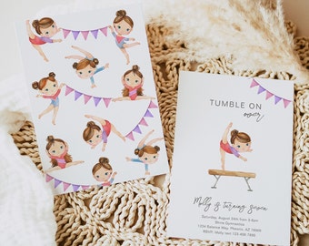 May include: Invitation for a gymnastics themed birthday party with a watercolor illustration of a girl doing a handstand on a balance beam. The text reads "Tumble On Over" and "Molly is turning seven".