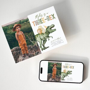 May include: A birthday invitation with a green dinosaur wearing a party hat and holding balloons. The invitation says "Myles is a THREE-REX" and includes a photo of a young boy wearing a brown hat and overalls.