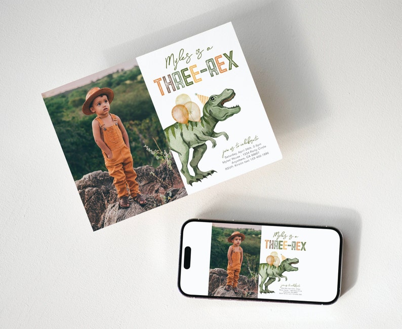 May include: A birthday invitation with a green dinosaur wearing a party hat and holding balloons. The invitation says "Myles is a THREE-REX" and includes a photo of a young boy wearing a brown hat and overalls.
