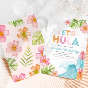 May include: Two invitations with a tropical theme. One features a floral pattern with pink and orange flowers and green leaves. The other says "Let's Hula" with a wave and surfboard illustration, and event details.